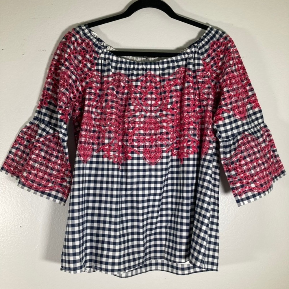 Fever Womens M Gingham Off Shoulder Top Pink Eyelet Embroidery Bell Sleeve Navy
